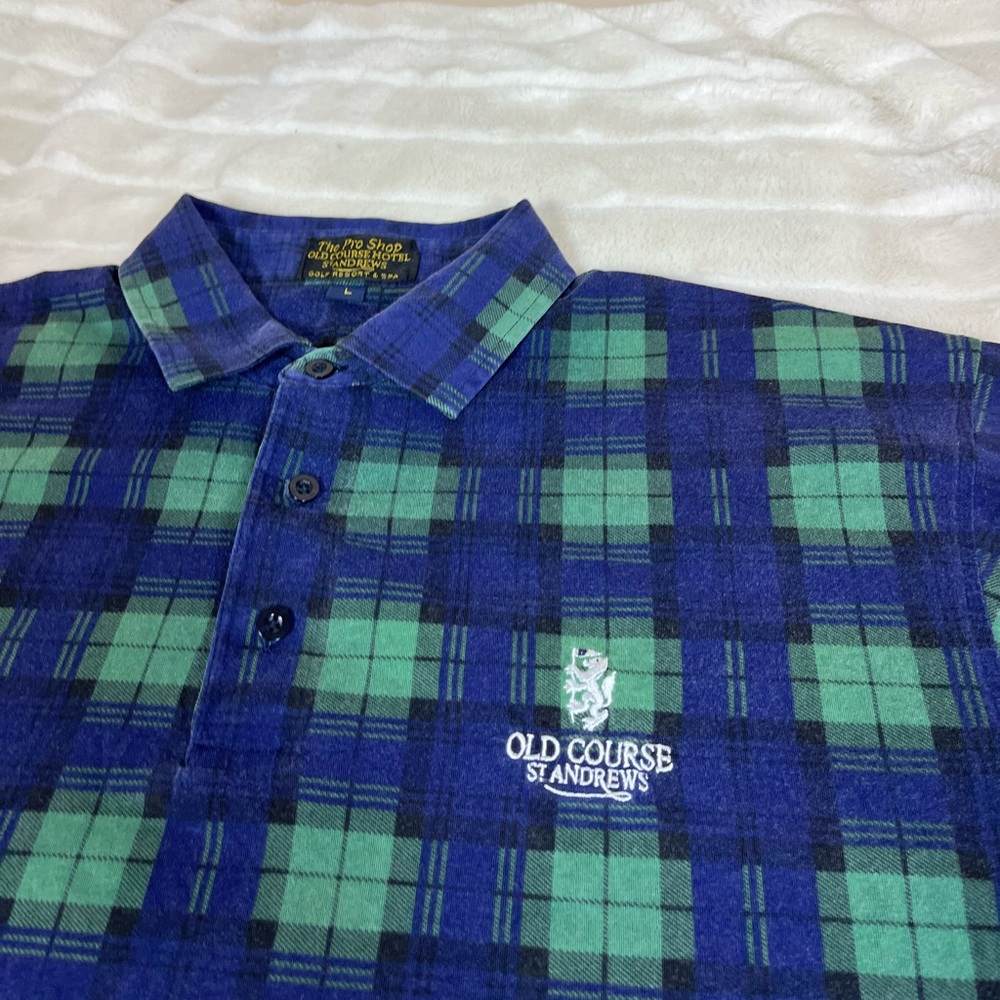 VTG St Andrews L Old Course Golf Mens Preppy 100% Cotton Dad Grandpa Plaid Polo